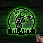 Custom Dirt Bike Metal Wall Art With Led Lights, Personalized Motocross Rider Metal Name Sign, Motorcycle Biker Metal Wall Led Decor